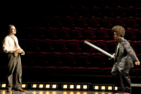 Giuseppe Filianoti (Hoffmann) and Yuri Kissin interpreting Schlemil. Les Tales d'Hoffmann, opera by Jacques Offenbach at the Opera Bastille, May 2010. Orchestra and choir of the Opera directed by Jesus Lopez Cobos and directed by Robert Carsen. Photography