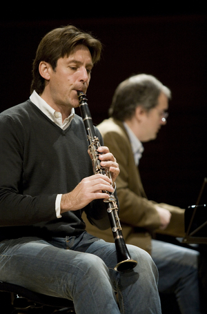 Portrait of Paul Meyer, clarinet player and behind him Nicholas Angelich, pianist. Salle Pleyel, Paris. Photography October 2008.