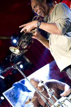 Jacques Coursil has the trumpet and Jose Zebina has the drums. Cabaret Sauvage, Paris. Photography festival jazz a la villette 2009