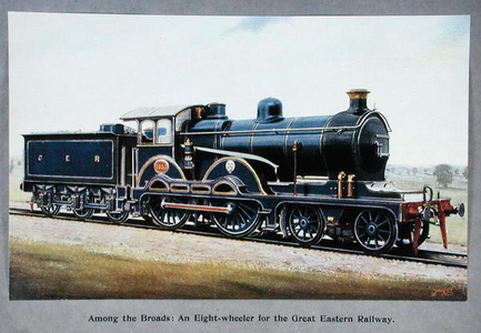 Among the Broads: An Eight-wheeler for the Great Eastern Railway, illustration from 'Locomotives of the World' by J.R. Howden, (colour litho) published 1910