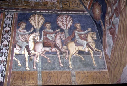 Three Mounted Messengers Ride Towards Mount Soratte in Search of the Pope, from the cycle of the life of Constantine in the Chapel of St. Sylvester, 1246 (fresco)