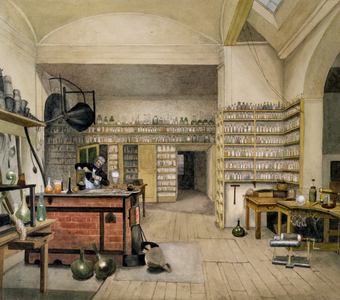 Michael Faraday (1791-1867) in his Basement Laboratory, 1852 (w/c on paper)
