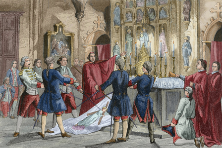 War of Spanish Succession (1702-1715). Oath of the captains of Barcelona who commands the troops of Antonio de Villarroel, Commander in Chief of the Army of Catalonia. Engraving by Urbadieta and J. Nicolau. 19th century. Colored.