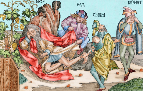 The drunkness of Noe (Book of Genesis, Bible), Japhet, Cham and Sem find their father drunk -Lithography 19th century, after a 16th century engraving The Noah's drunkness. Japheth, Ham, Shem find their father Noah drunk.. 16th century, Colored engraving