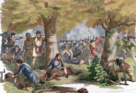 American Revolutionary War (1775-1783). Battle of Oriskany (August 6, 1777). Fight between Loyalists and allied Indians against Patriots and allied Oneida in the absence of British soldiers. Death of Brigadier General Nicholas Herkimer (1728-1777). Engraving by Damoreau. Colored.