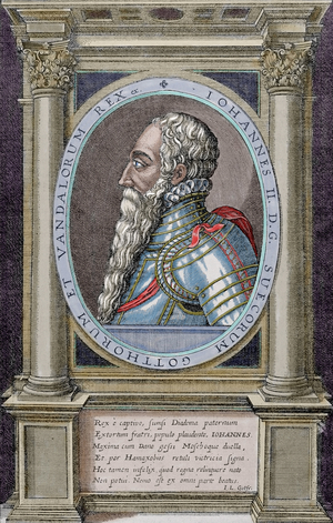 Portrait of John I of Denmark (Hans af Danmark) (1455-1513), King of Denmark, Norway and Sweden during the union of Squid (John or Hans (1455-1513). King of Denmark (1481-1513), Norway (1483-1513) and as John II of Sweden (1497-1501) in the Kalmar Union) - Colorised Engraving, excerpt from Universal History, 1883