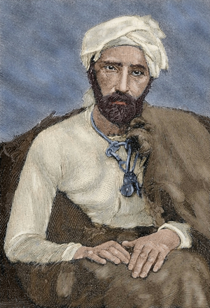 Mirza Reza Kermani (d.,1896). Iranian revolutionary. Adherent of Jamal al-Din al-Afghani. Portrait. Engraving in ""La Ilustracion Artistica"", 1896. Colored.