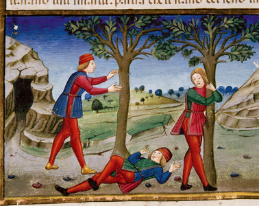The Last Judgment: men will not stand standing out from the caves. Miniature of Cristoforo De Predis from the History of the New Testament, 1476. Biblioteca Reale, Turin (153-013234)