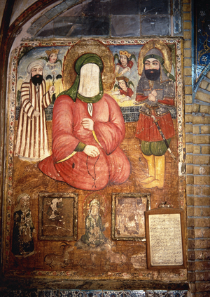 Representation of Muhammad (Mohammed or Muhammad, 570-632), founder of Islam. His face wasn't drawn. Fresco of the Mausoleum of Haroun-e Velayat (or Vilayat) in Isfahan (Isfahan), Iran (153-43685)