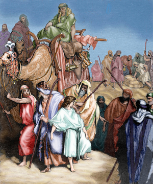 Joseph, the son of Jacob and Rachel is sold as a slave by his brothers and carried by a caravan to Egypt - Lithograph 19th century, after the work of Gustave Dore (1832-1883) Joseph (son of Jacob and Rachel) is sold into slavery in Egypt by his brothers. Engraving by Gustave Dore, 19th century