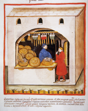 Tacuinum Sanitatis. 14th century. Medieval handbook of health. Establishment. Selling figs. Miniature. Fol. 56v.