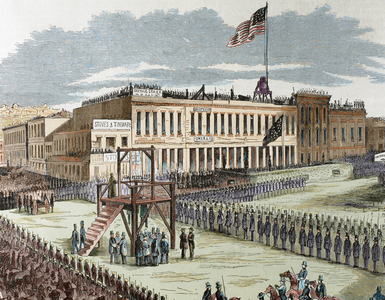 Public execution of murderers Joseph Hetherington and Philander Brace, convicted by a committee of San Francisco to die on the gallows, illustration from 'Frank Leslie's Illustrated Newspaper', 29th July 1856 (engraving) (later colouration)