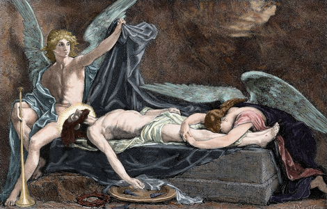 Jesus of Nazareth, the Messiah, in his tomb, surrounded by angels - Coloured engraving from Scotland, from the Iberic Illustration, 1885 - Jesus of Nazareth, the Messiah, in the grave - Engraving by Scotland The Iberian Illustration, 1885, Colored