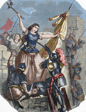 Portrait of Jeanne Laisne, known as Jeanne Fourquet, nicknamed Jeanne Hachette, French heroine (1456 -?) , during the defense of Beauvais against the troops of Charles le Temeraire, June 27, 1472 - Colorised engraving of Pothey, edited by the Bibliotheque populaire universelle, 1851 - (Jeanne Hachette (b.1456). English heroine, June 27, 1472 - Engraving by Pothey, Popular Universal Library Editions, 1851)