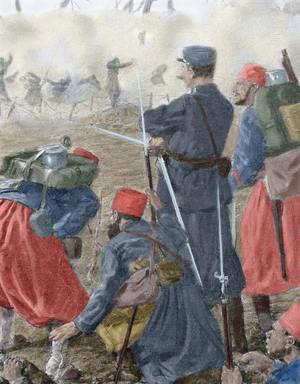 Use of choking smoke in attacks on French and British troops, May 1915 (colour litho)