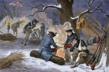 American Revolutionary War (1775-1783). Valley Forge. Pennsylvania. Continental Army's camp in winter, 1777-1778. Engraving by A. Bobbet. ""American Revolution"". 19th century. Colored.