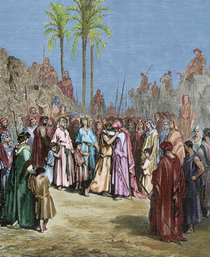 Book of Genesis. Reconciliation between Jacob and Esau, 19th century (engraving)