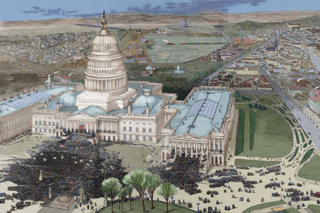 Proclamation of Rutherford B. Hayes (1822-1893), 19th President of the United States, at the east gate of the Capitol in Washington (USA), where the crowd gathered - Colorised engraving by Arturo Carretero (1852-1903), from the Spanish and American Illustration, 1877 (Proclamation of President Hayes in the eastern portico of the Capitol, Washington, United States. Engraving by A. Carretero, in The Spanish and American Illustration, 1877, Colored)