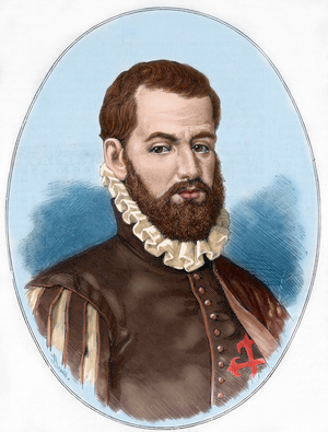 Portrait of Pedro Menendez de Aviles (1519-1574), Noble and Officer of the Spanish Navy - Lithograph published in “The Spanish and American Illustration”, 1880 Pedro Menendez de Aviles (1519-1574), Spanish naval officer and conqueror - Engraving in Spanish and American Illustration, 1880