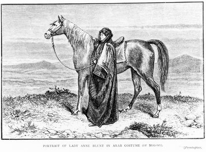 Portrait of Lady Anne Blunt (1837-1917) in Arab costume with an Arab horse, frontispiece to her book 'A Pilgrimage to Nejd', published 1881 (engraving) (b/w photo)