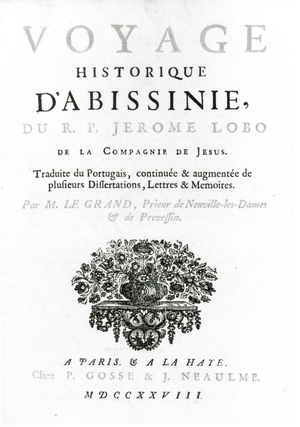 Frontispiece to the French translation of 'Voyage to Abyssinia' by Jeronimo Lobo (c.1596-1678) published 1728 (engraving) (b/w photo)
