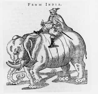 Thomas Coryate (c.1577-1617) on an elephant, from 'Letters from India' in 'Coryats Crudities', Volume 3, published 1776 (woodcut) (b/w photo)