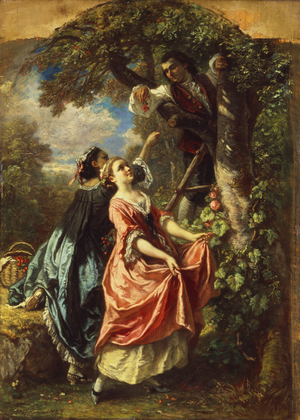 Rousseau and Mlle. Galley Gathering Cherries, 1851 (oil on walnut panel)