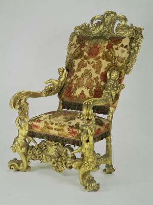 State chair with high slanting back, gilt