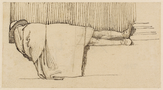 A Man in a Cloak Asleep on the Plinth of a Building (pencil, pen & ink on paper)
