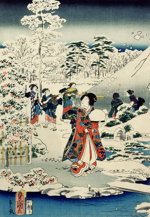Maids in a snow-covered garden, 1859 (colour woodblock print)