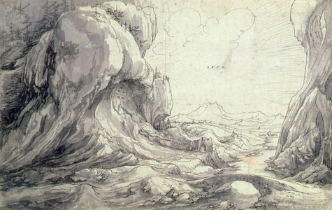 A rocky landscape with a bridge in the foreground, 1552 (pen & ink with wash on paper)
