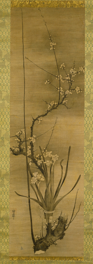 Hanging Scroll: A Plum Branch bound up with Narcissus, 1500 (ink on paper)