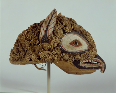 Owl mask, 1880 (wood, marine sponge, cane, barkcloth, fibre & opercula)
