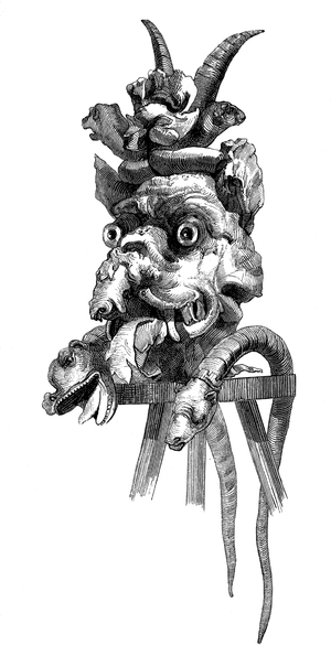 Instruments of torture: The monster head, woodcut from 1864