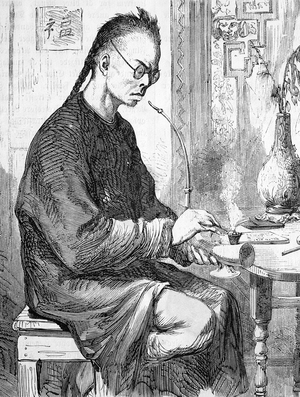 Chinese scholar, historical wood engraving, circa 1888