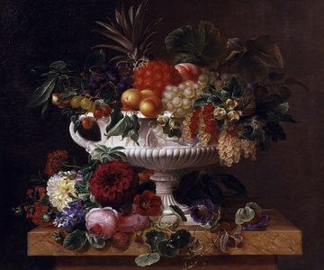 Urne classique avec groseilles, abricots, noisettes et cassis. Peinture de Johan Laurentz Jensen (1800-1856) Collection privee.