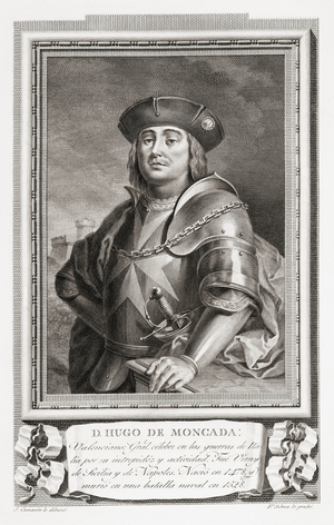 Hugo de Moncada aka Ugo de Moncada, c.1476 - 1528. Spanish political and military leader. He served as General of Ocean and Land, Viceroy of Sicily and Viceroy of Naples. After an etching in Retratos de Los Espanoles Ilustres, published Madrid, 1791