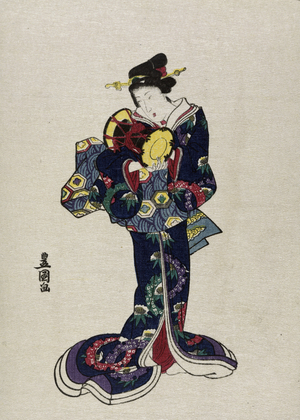 Kotsuzumi, tambour en forme de sablier, avec des cordes qui peuvent etre tendues pour varier de sonorite. Estampe japonaise de Utagawa Toyokuni (1769-1825). Collection privee