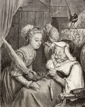 Scene From Sleeping Beauty By Charles Perrault. The Princess Finds An Old Woman Spinning, Not Knowing She Is Really The Wicked Fairy In Disguise After A Work By Gustave Dore. From El Mundo Ilustrado, Published Barcelona, Circa 1880