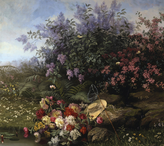 Fleurs d'ete sur la berge. Un chapeau de paille et un filet a papillons sont poses au milieu d'un parterre de fleurs (primereves, lilas...). Peinture de Jean Capeinick (1838-1890). Collection privee.