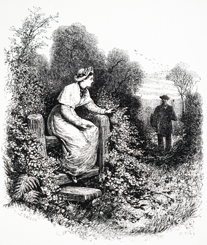 a girl sitting a stile waiting for her lover who is walking towards her down the lane with hedgerows either side. Dated 19th Century