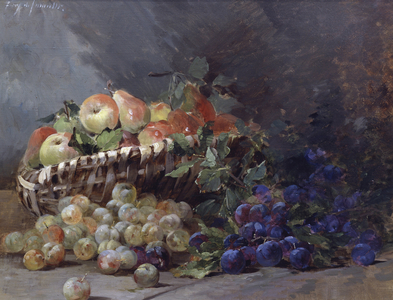 Still life of apples, Reine-Claude plums, and grapes in a basket (painting)