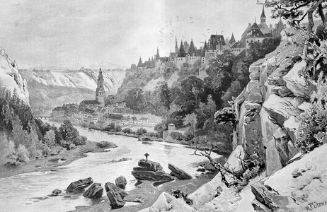 Burghausen, Bavaria, Germany, historic wood engraving, about 1897