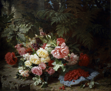 Nature morte de roses et framboises. Peinture de Jean Baptiste Robie (1821-1910) Collection privee.