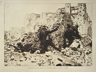 Soldiers in ruined house throwing hand grenades in Flanders during the First World War, Belgium
