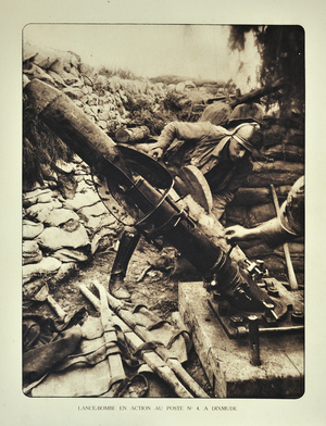 Soldier loading trench mortar with bomb at Diksmuide in Flanders during the First World War, Belgium