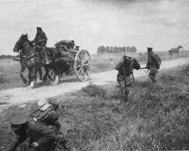 British Front, Belgium, 1914: Battle of Marne, 1st Middlesex, first line transport struck by shrapnel, 19th Brigade. 1914 (photo)