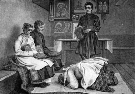 The blessing of a newly married couple by the parents in Little Russia, Ukraine, historical engraving of 1883