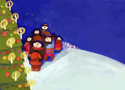 "" Christmas "". Une famille dans la neige devant un sapin de Noel decore (nuit de noel). Dessin. Acrylic and pastel on paper de Sabina Ungeheuer ( 20th century), 2006.