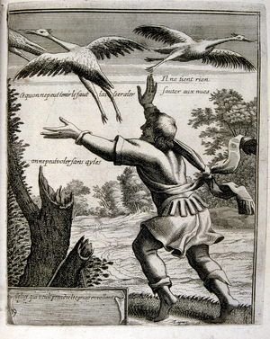 17th century engraved illustration from a collection of proverbs. Paris 1657-1663. By Jacques Lagniet (1620-1675). French engraver. From him many socially critical engravings and mockery pictures such as his sometimes grotesque and fantastic illustrations
